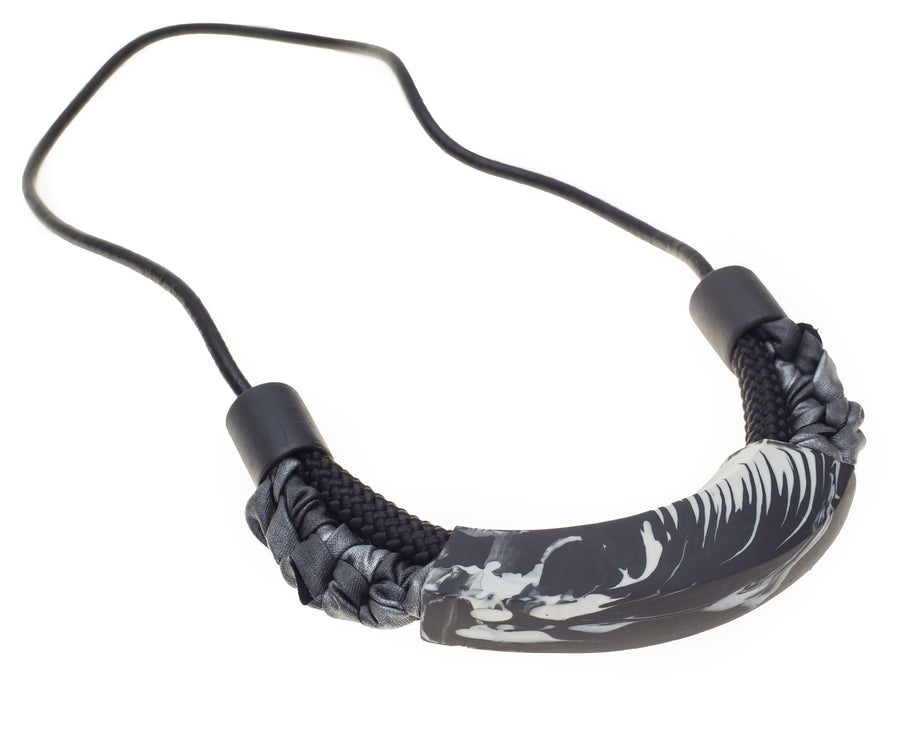 Handmade boho style porcelain necklace  leather cord gift black white tribal