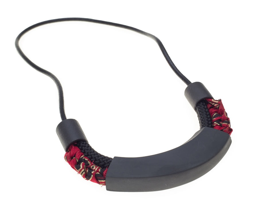 Red Handmade boho style porcelain necklace  leather cord gift black tribal