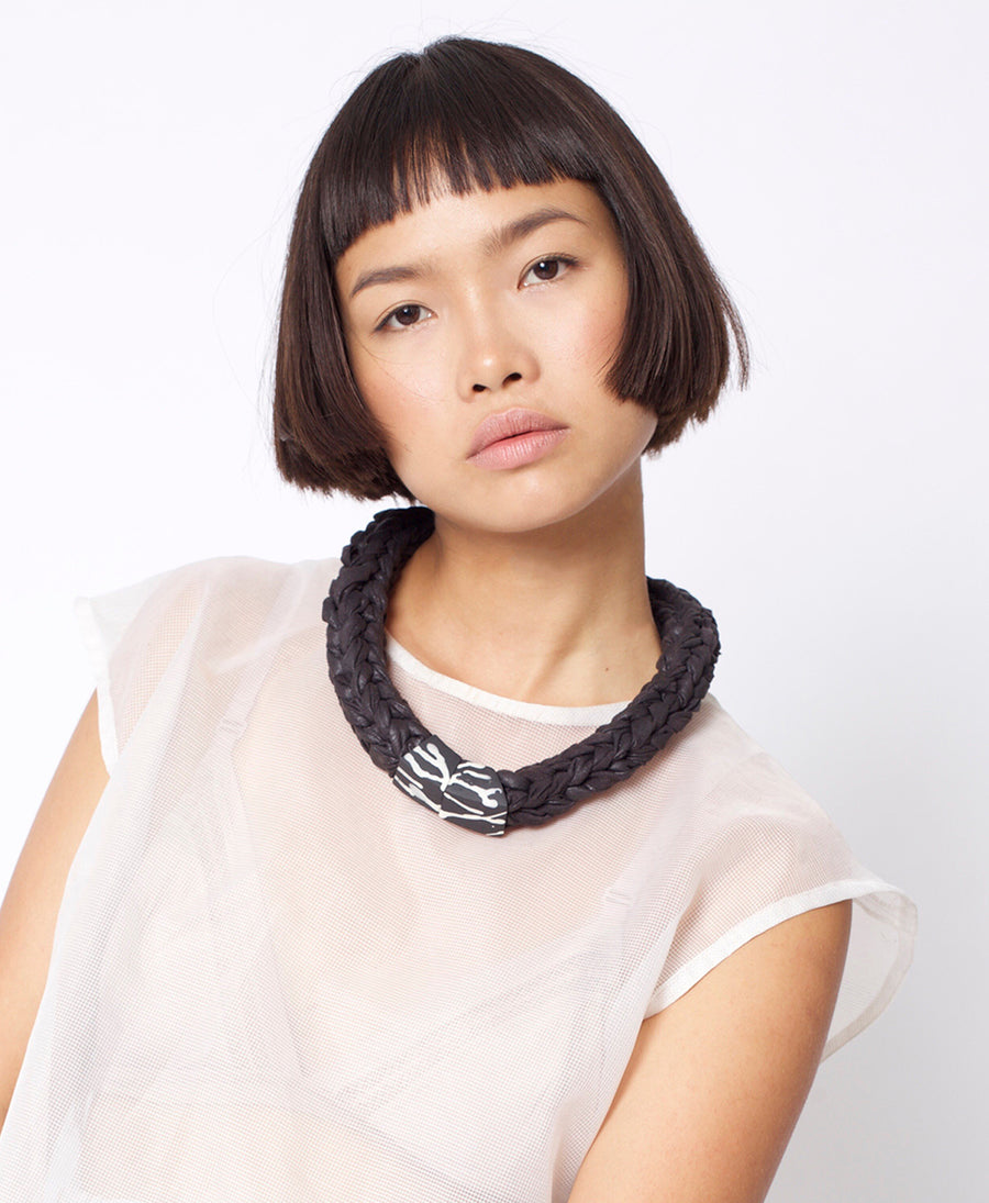 Handmade minimalist statement knitted necklace gift tribal black white confetti