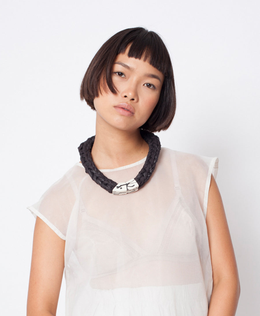 Handmade minimalist statement knitted necklace gift tribal black white confetti