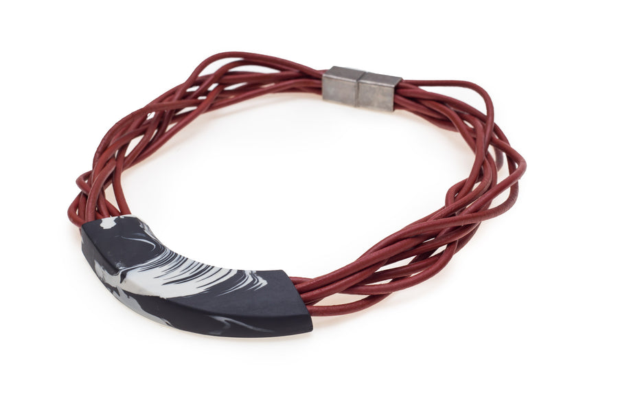 Handmade boho style porcelain necklace  leather cord gift tribal black white red brick