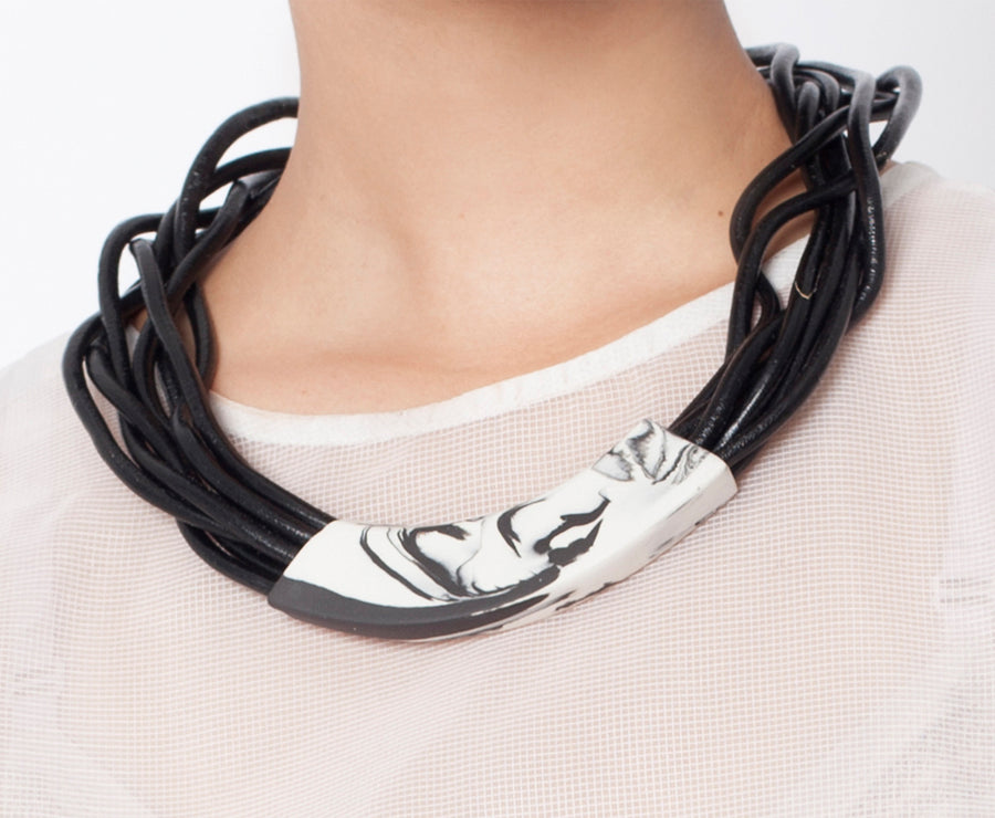 Handmade boho style porcelain necklace  leather cord gift tribal black white